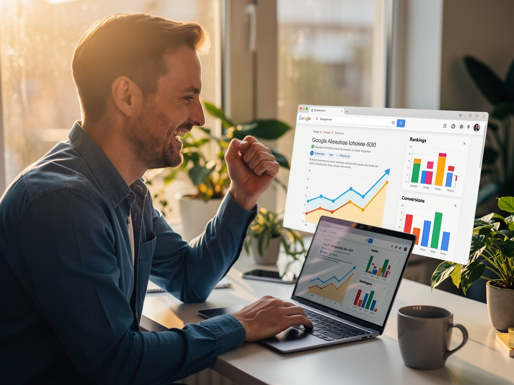 Étudiant apprenant le SEO sur ordinateur avec graphiques de progression visibles